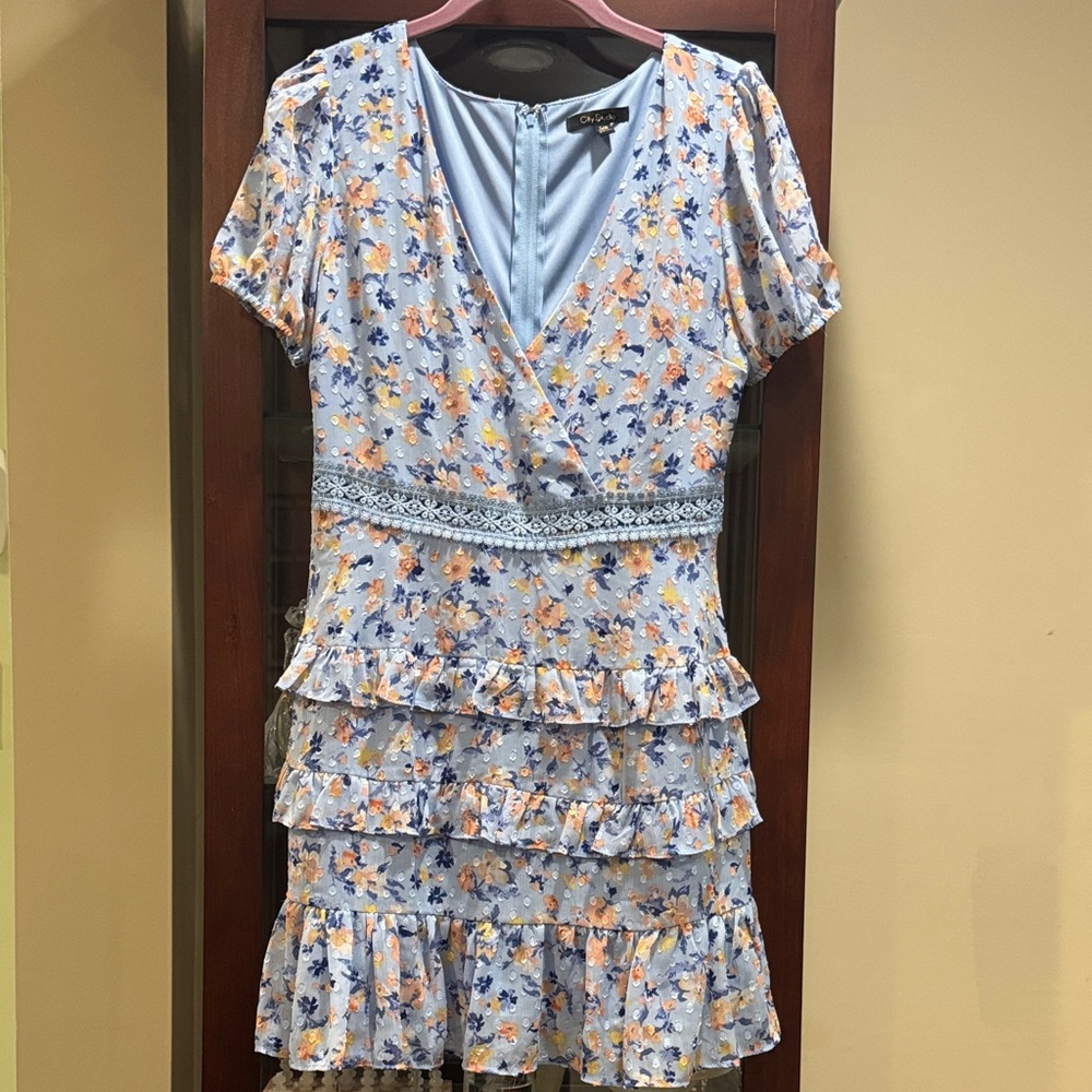 City Studio Blue and Peach Floral Flowy Mini Dress Size 5/6